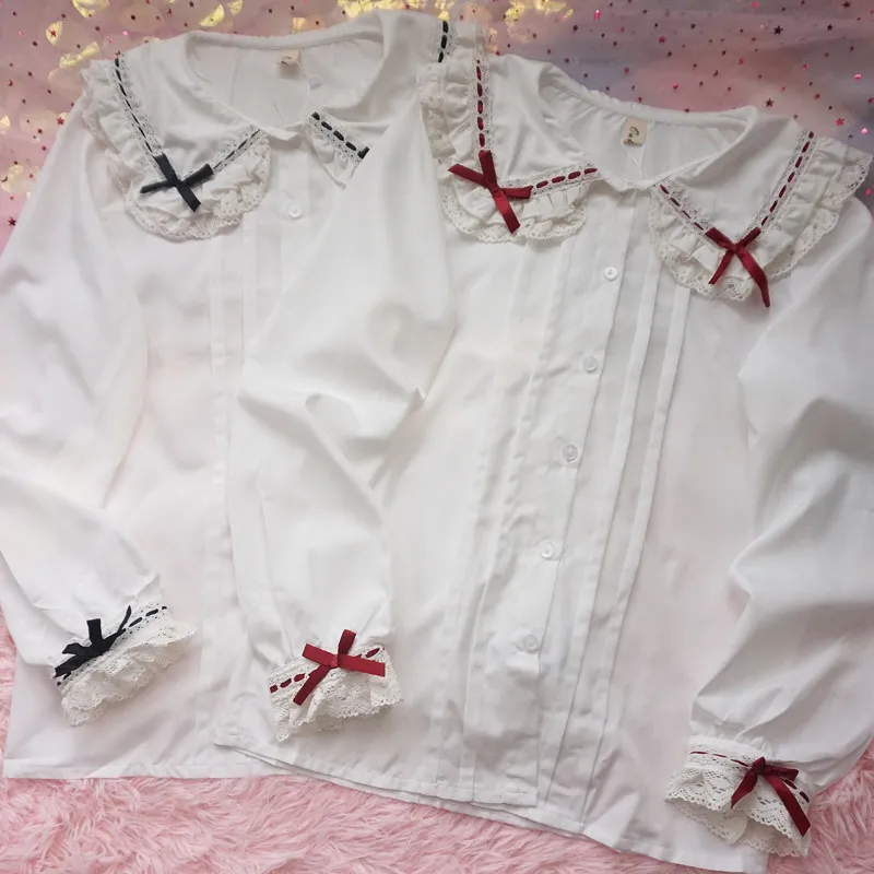 Japanese New Spring Autumn Cute Bow Lolita Shirt Peter Pan Collar Students Loose Cardighans Top Elegant Lace Long Sleeve Blouses