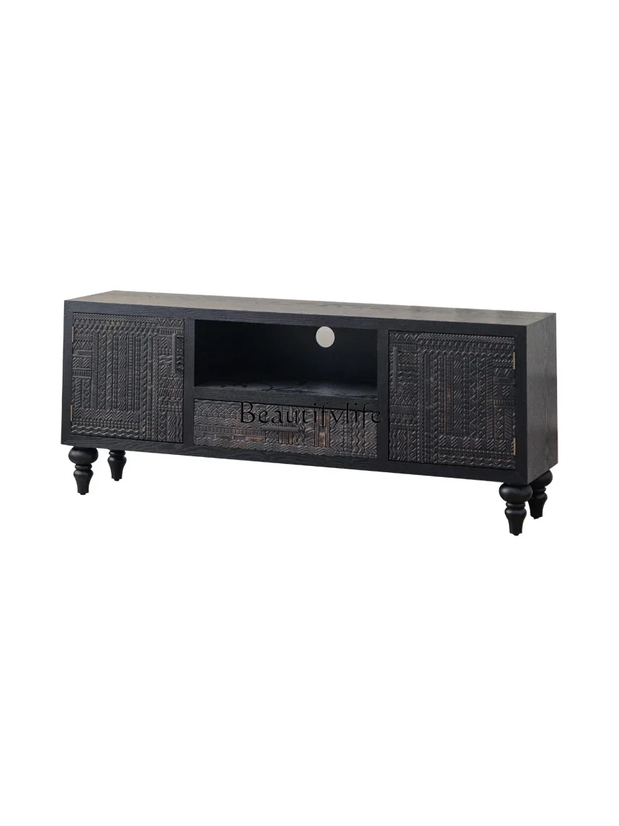 

yj5Retro Black Wooden Small Apartment Living Room Carved TV Stand Storage