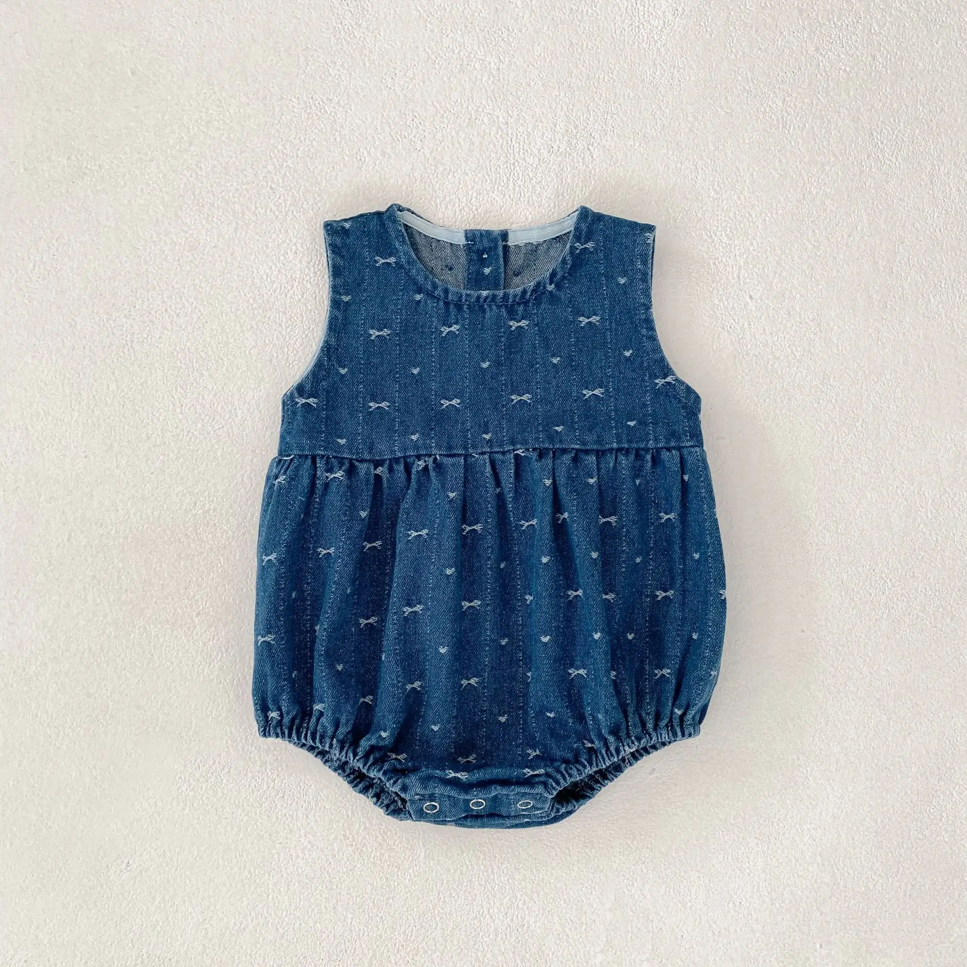 2025 Autumn New Baby Girl Denim Bodysuit Newborn Girls Cute Bow Print Sleeveless Jumpsuit Princess Toddler Clothes 0-24M