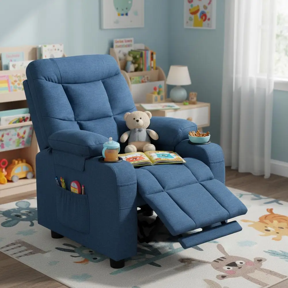 

Детский диван-лежак 24x21x28 дюймов для спальни, игровой комнаты, гостиной, с регулируемой спинкой, подстаканником, боковыми карманами, подставкой для ног