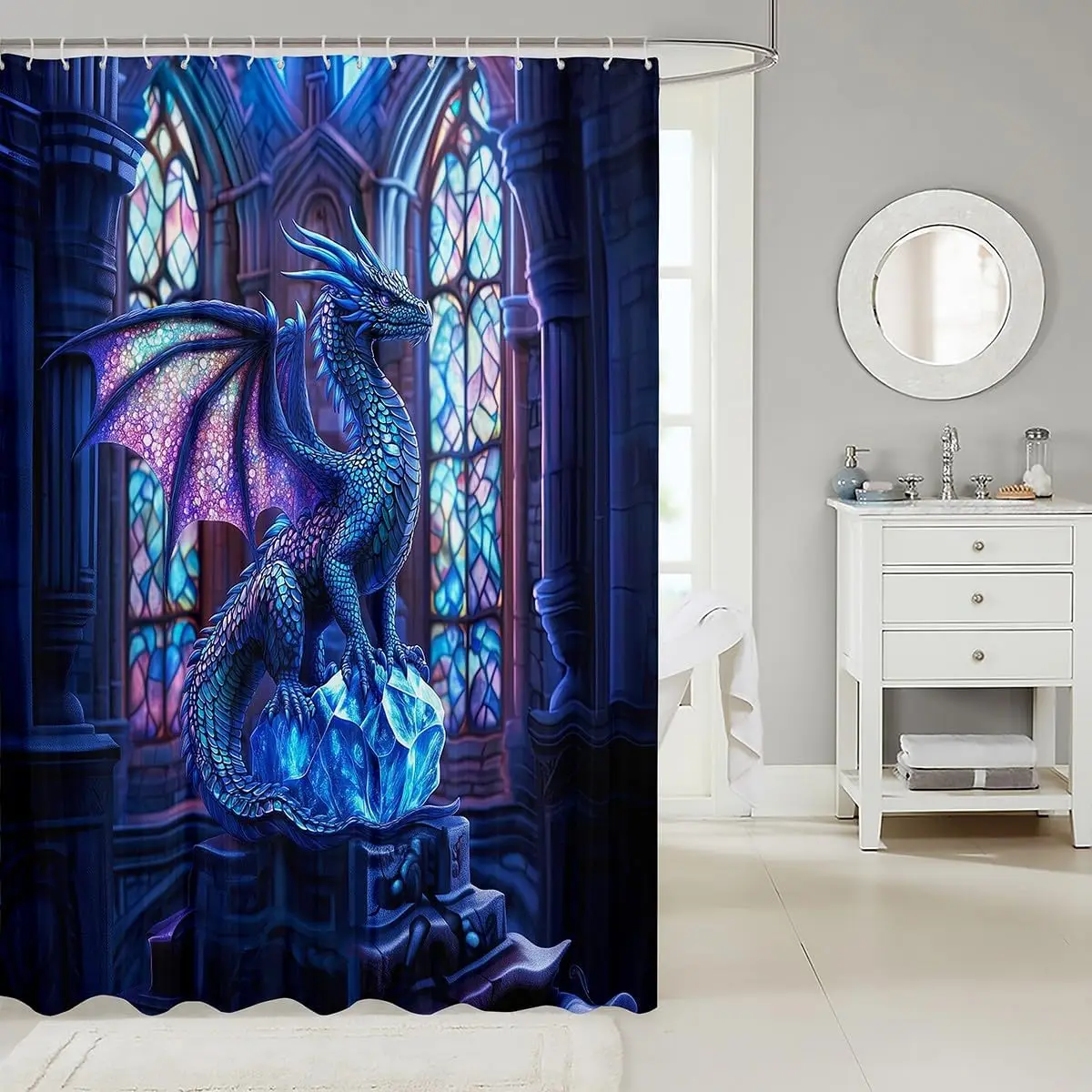 Dramatic Fantasy Dragon Stained Glass Shower Curtain Waterproof Bathroom Curtain Gothic Royal Blue Home Decor Luxury Bath 180x18