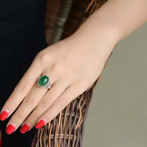 S925 Sterling Silver Women Ring Vintage Green Agate Crystal Emerald Gemstone Chalcedony Inlaid Adjustable Open Index Finger Ring