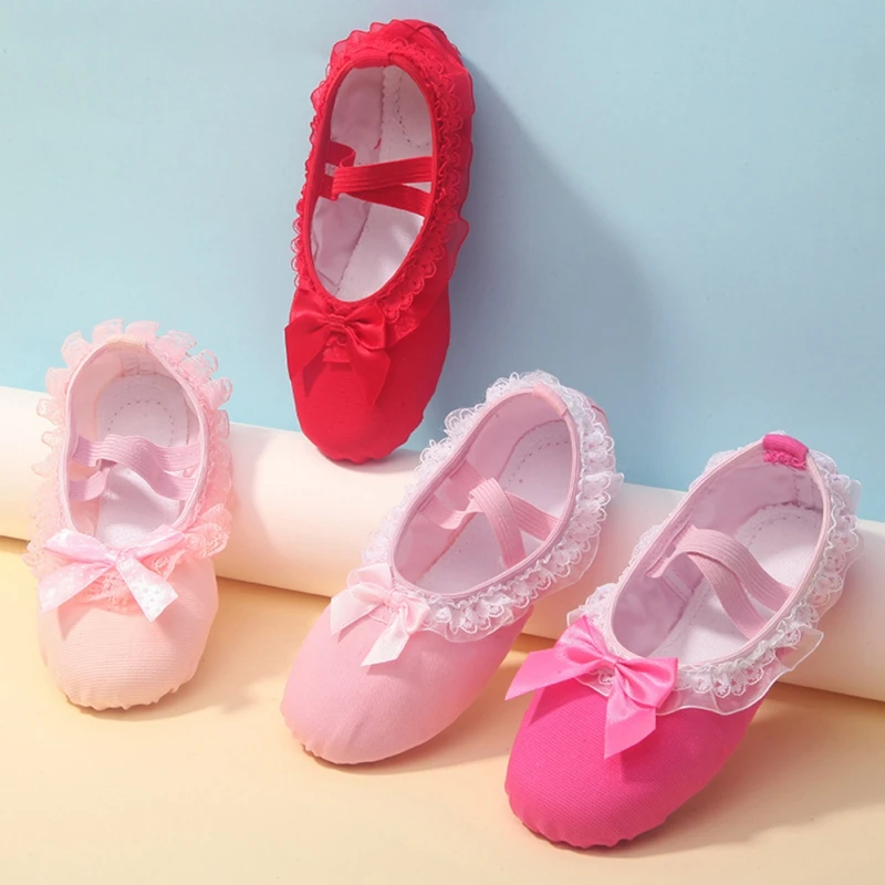 Children Ballet Dance Shoes Kid Girls  Lace Bow-knot Canvas Soft Sole Ballet Shoes Dancing Training Ballet Slippers