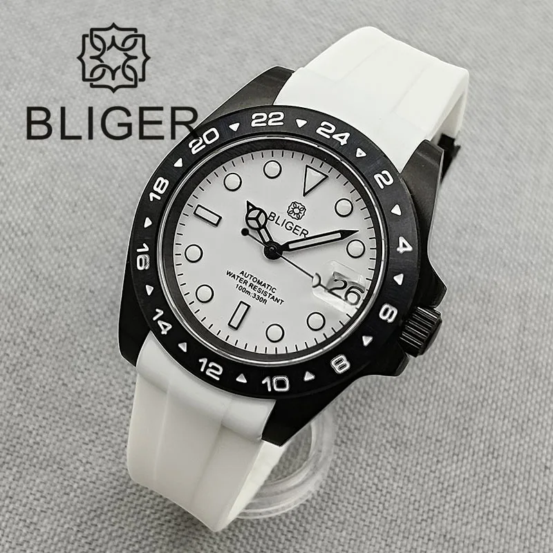 BLIGER 40mm Black PVD Coated Case NH35 Automatic Men Watch Date Magnified Luminous Dial Rubber Strap Screw Crown Fixed Bezel