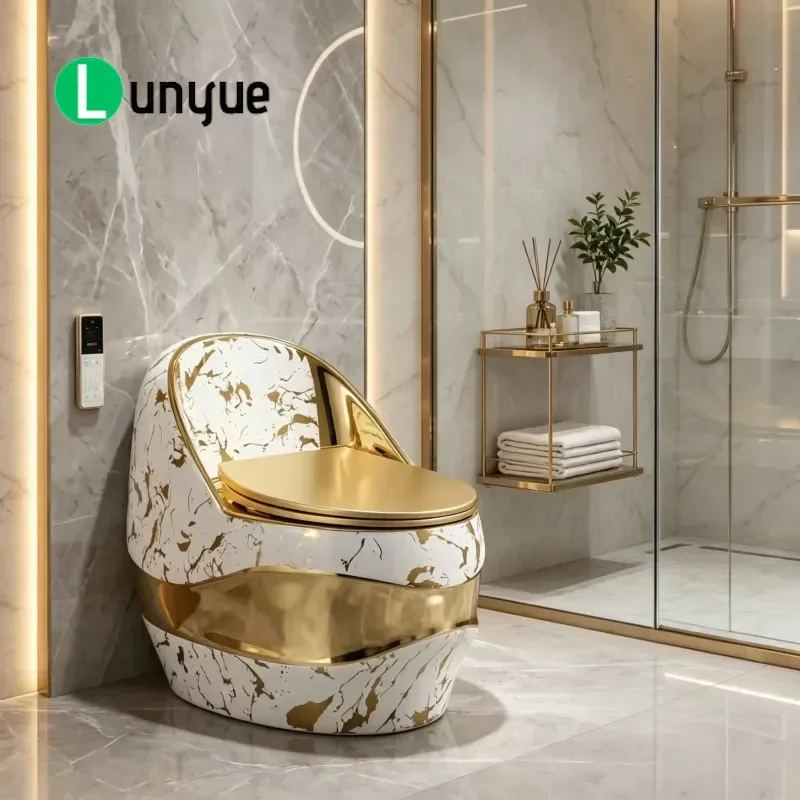 Golden Floor to Ceiling One Piece Toilet with Flushing Function Modern Luxury Designer Bathroom Fixture for Hotel Villa