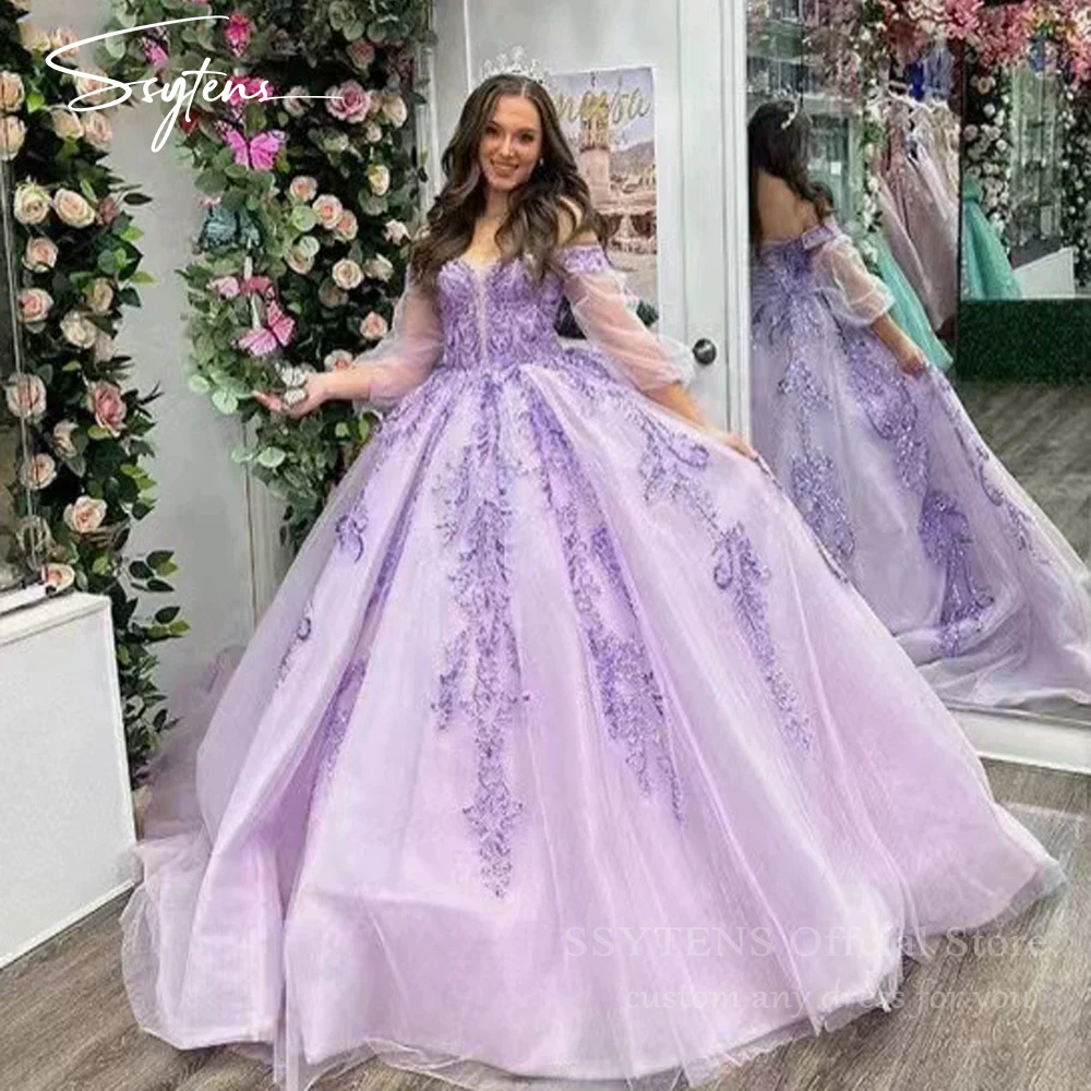 SSYTENS Lilac Quinceanera Dresses Off Shoulder Long Sleeves Lace Vestidos De 15 Anos Birthday Party Prom Ball Gown Customized