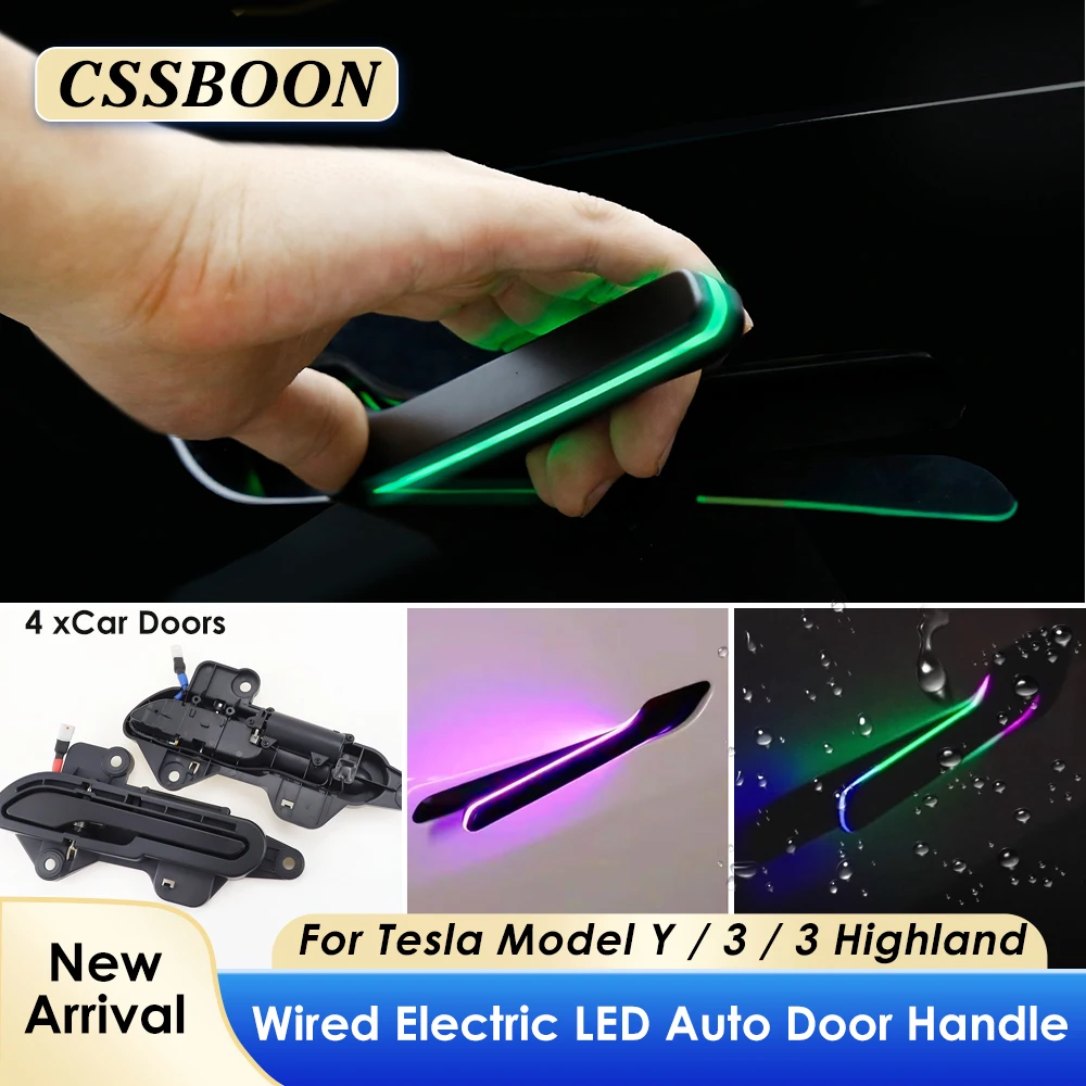 CSSBOON Automatic Door Handle for Tesla Model Y 3 Color LED Light 4 Doors Electric Door Opening Pump Handlebar