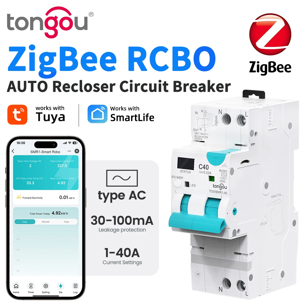 Tipo AC ZigBee RCBO Disyuntor de corriente residual inteligente ajustable con protecciรณn contra sobrecorriente y fugas TONGOU