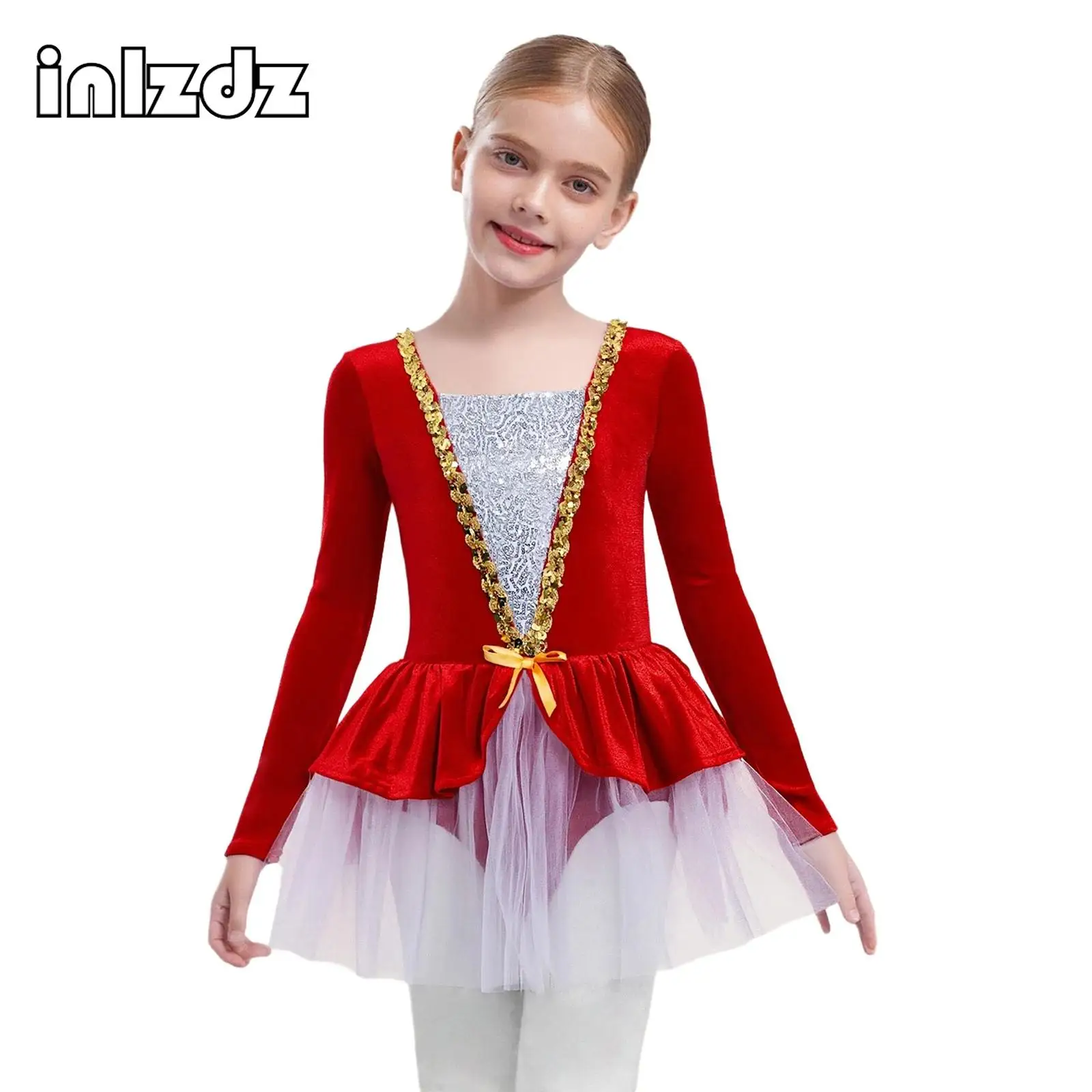 

Kids Girls Ballet Dance Tutu Dress Figure Skating Performance Costume Long Sleeves Sequins Velvet Dress with Built-in Briefs