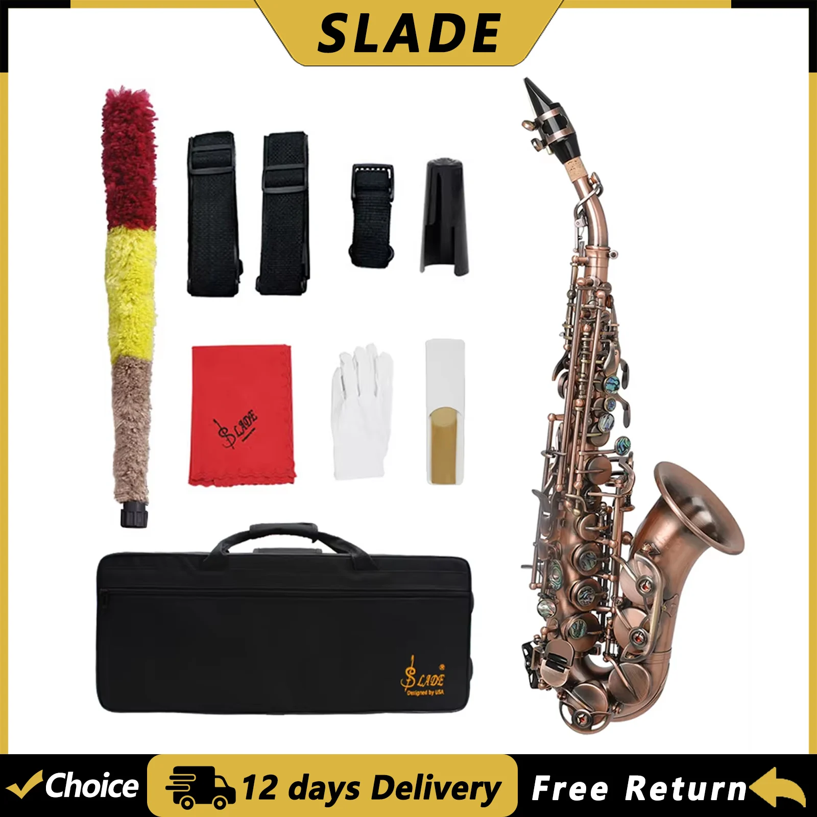 SLADE S97 Soprano Saxophone Brass Body Sax Red Antique Bb Saxofone with Case Reeds Gloves Woodwind Instrument Parts Accessories