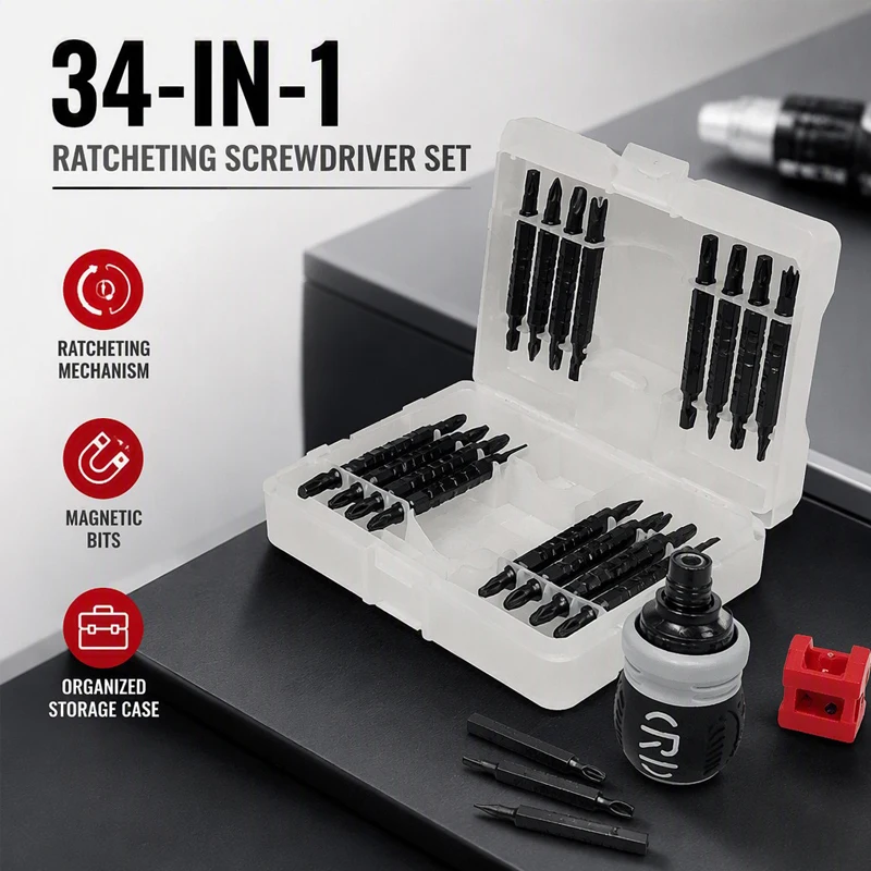 34Pcs Ratchet Screwdriver Set Double Ended Steel Bits Labor Saving Multi Tool with Storage Case for Home Furniture Repair