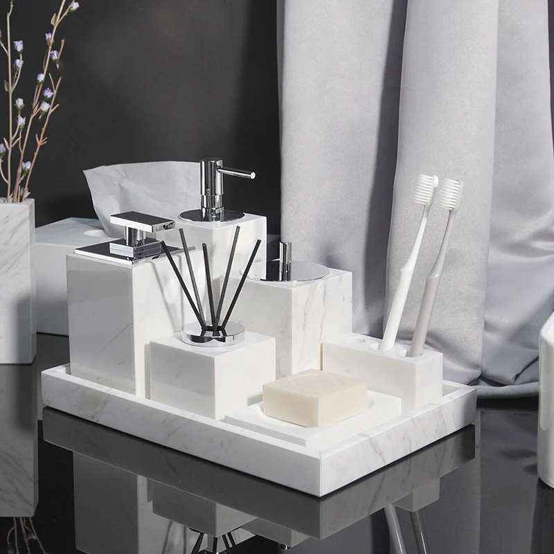 

Volakos White Natural Marble Bathroom Set Soap Dispenser Soap Dish Reed diffuser Tissue Box Vanity Tray Bathroom Accessories