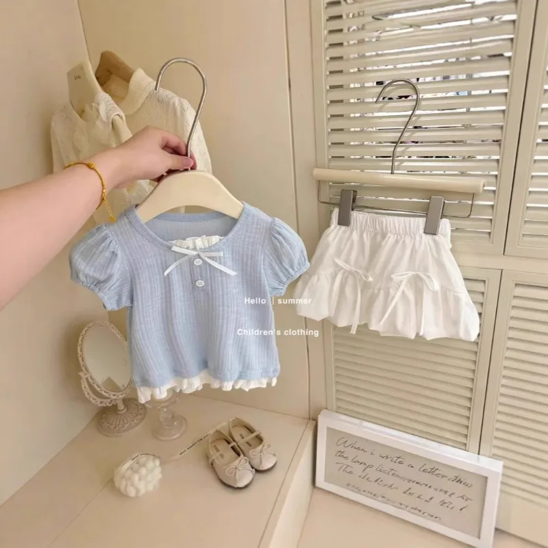 Summer Children Girls 2PCS Clothes Set RAISE Kids Baby Girls Bow Short Sleeves Suits Little Girls White Flower Bud Skirts Outfit