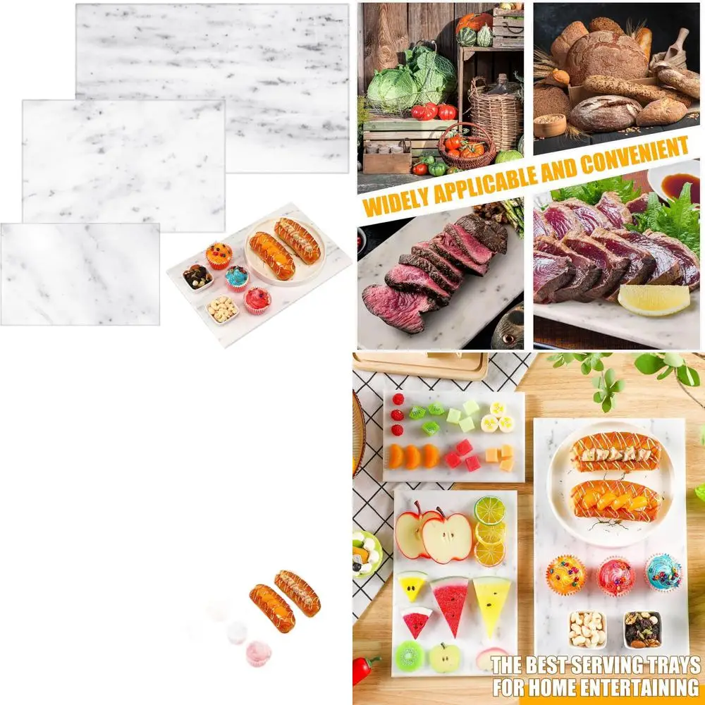 

Set of 3 Marble Serving Trays: 9x6, 12x8, 16x10 Inches - Non-Slip, Ideal for Kitchen, Pastry, Cheese Boards, and Baking Displays