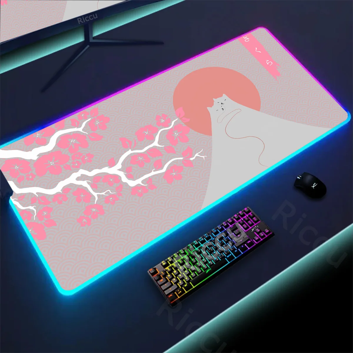 RGB Black & Pink Sakura Mouse Pad Gaming Mousepad LED Backlight KeyboardPad Antislip Rubber Deskmat XXL Luminous Cute Cat Carpet