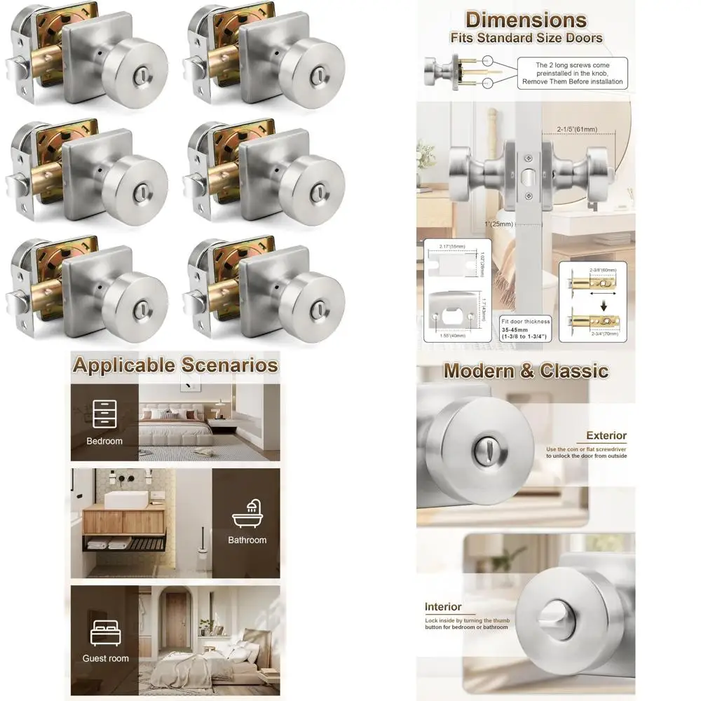 

Interior Privacy Door Knobs 6-Pack, Satin Nickel Finish, Keyless Locking System for Bedrooms and Bathrooms, Door Knob with Locki
