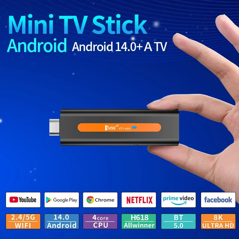 TV98 ATV Mini TV Stick Android 14 H618 Quad Core Cortex A53 Supporto 8K Video 4K Wifi6 BT5.0 Telecomando vocale Smart TV Box