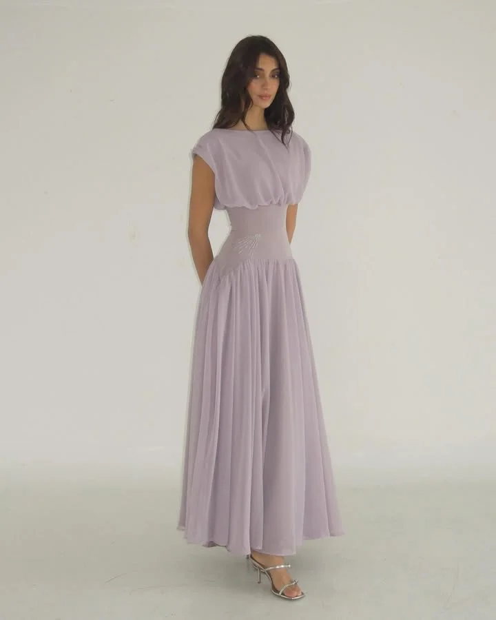 

Elegant Purple Evening Dresses Long Sleeves Crystal Beads Prom Dresses A-line Floor-Length Wedding Guest Events Customized