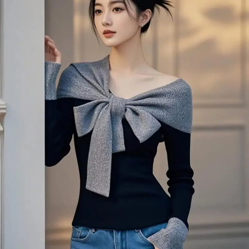 Hot 2025 Autumn Winter New Women Fashion Fake Two Piece Bow Knitted Sweater Light Luxury Design Super Beautiful Knitted Sweater