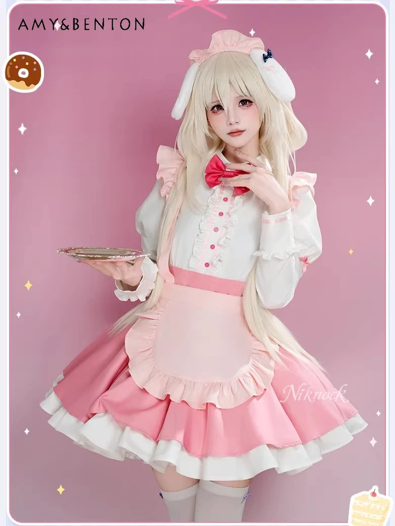 

Костюм для косплея в стиле горничной, комплект из двух предметов: милая юбка на подтяжках в стиле Лолита и японская сексуальная рубашка с длинными рукавами и пышной юбкой