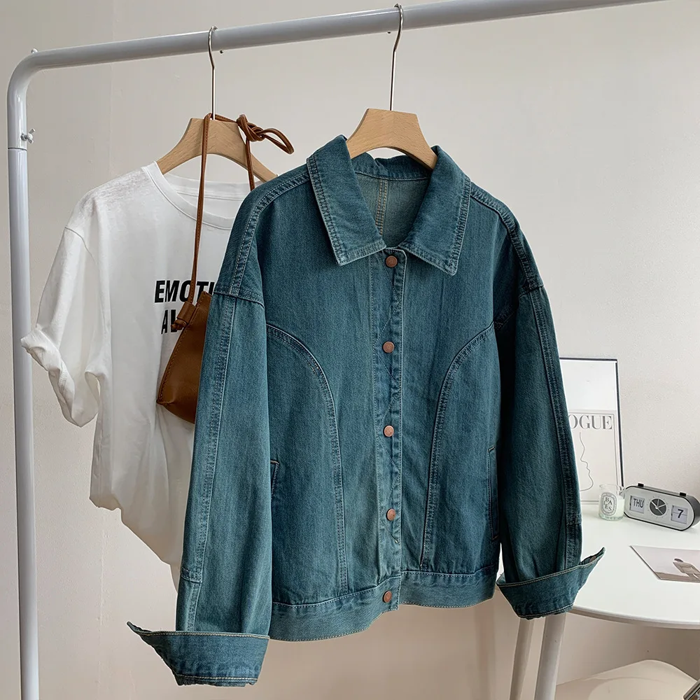 

Washed Twill Cotton Retro Denim Jacket with Lapel Open Line Design Short Jacket Top for Women