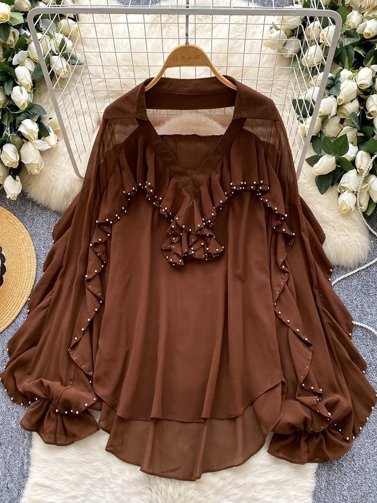 Blusa fina francesa de primavera y otoño para mujer, camisa de gasa con manga acampanada empalmada con volantes y cuentas de alta resistencia, Jersey holgado, Top BL300