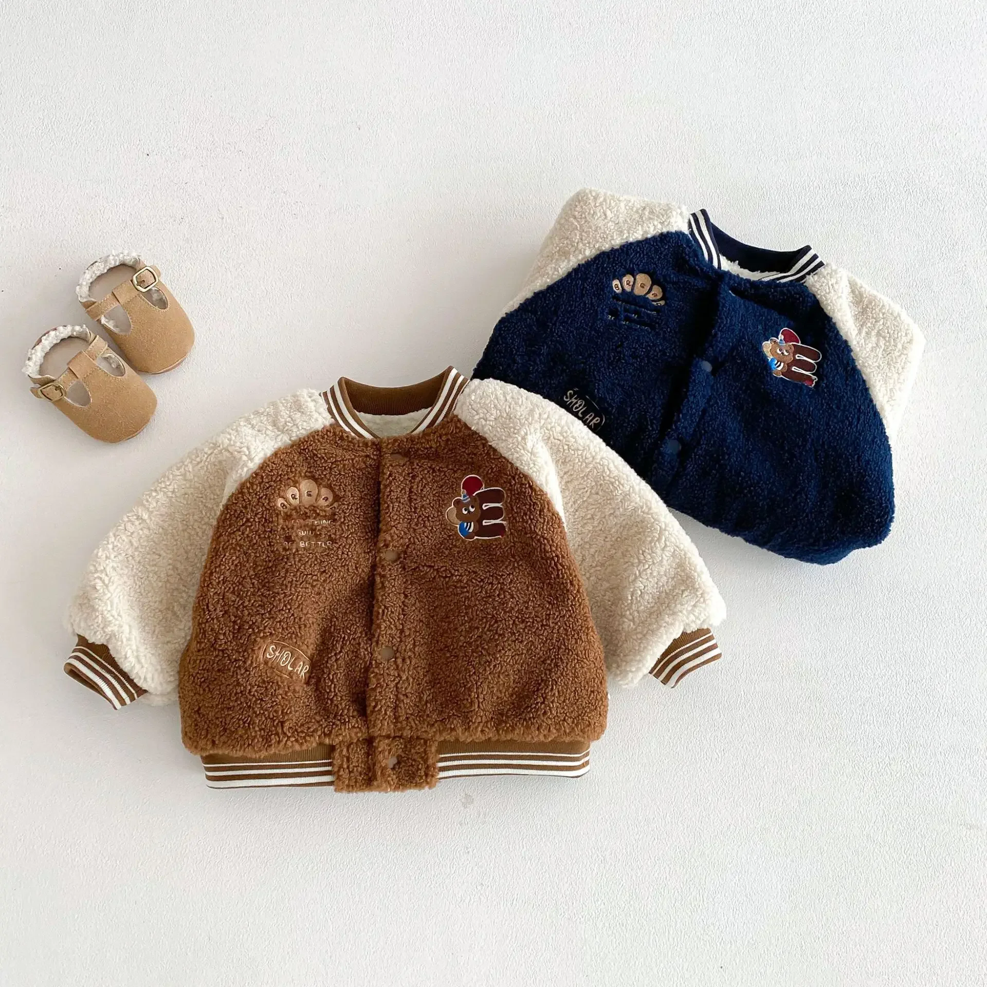 

2025 New Winter Kids Boys Clothes Baseball Jacket Color Block Fleece Coat Toddler Thickened Plush Outerwear