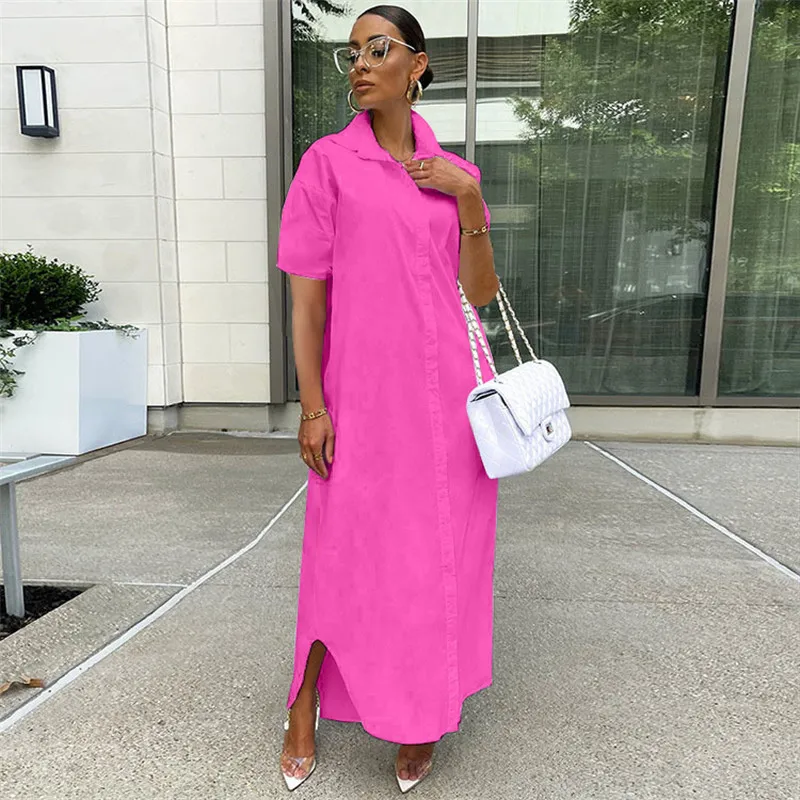 

Elegant Long Shirt Dress Women Turn-down Collar Button Straight Maxi Dress Summer Short Sleeve Loose Casual Shift Dress Vestidos