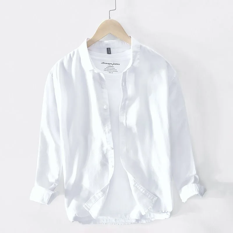 

New Men's Spring Summer Long Sleeve Linen Cotton Casual Shirt Pure Color Simple Loose Versatile Men's Fashion Urban Style