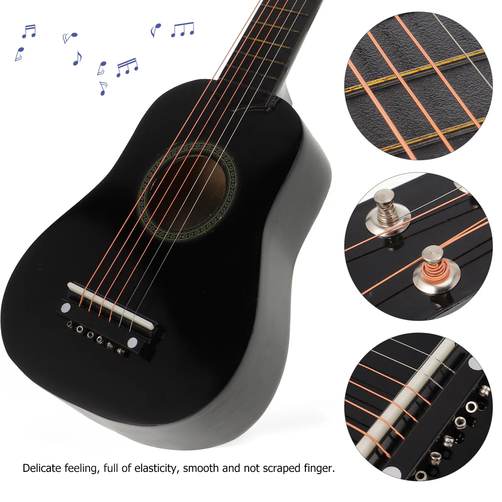 21 Inch Kids Guitar Black Portable Wooden Acoustic Guitar for Toddlers and Beginners Easy to Tune Elastic Strings Smooth Play