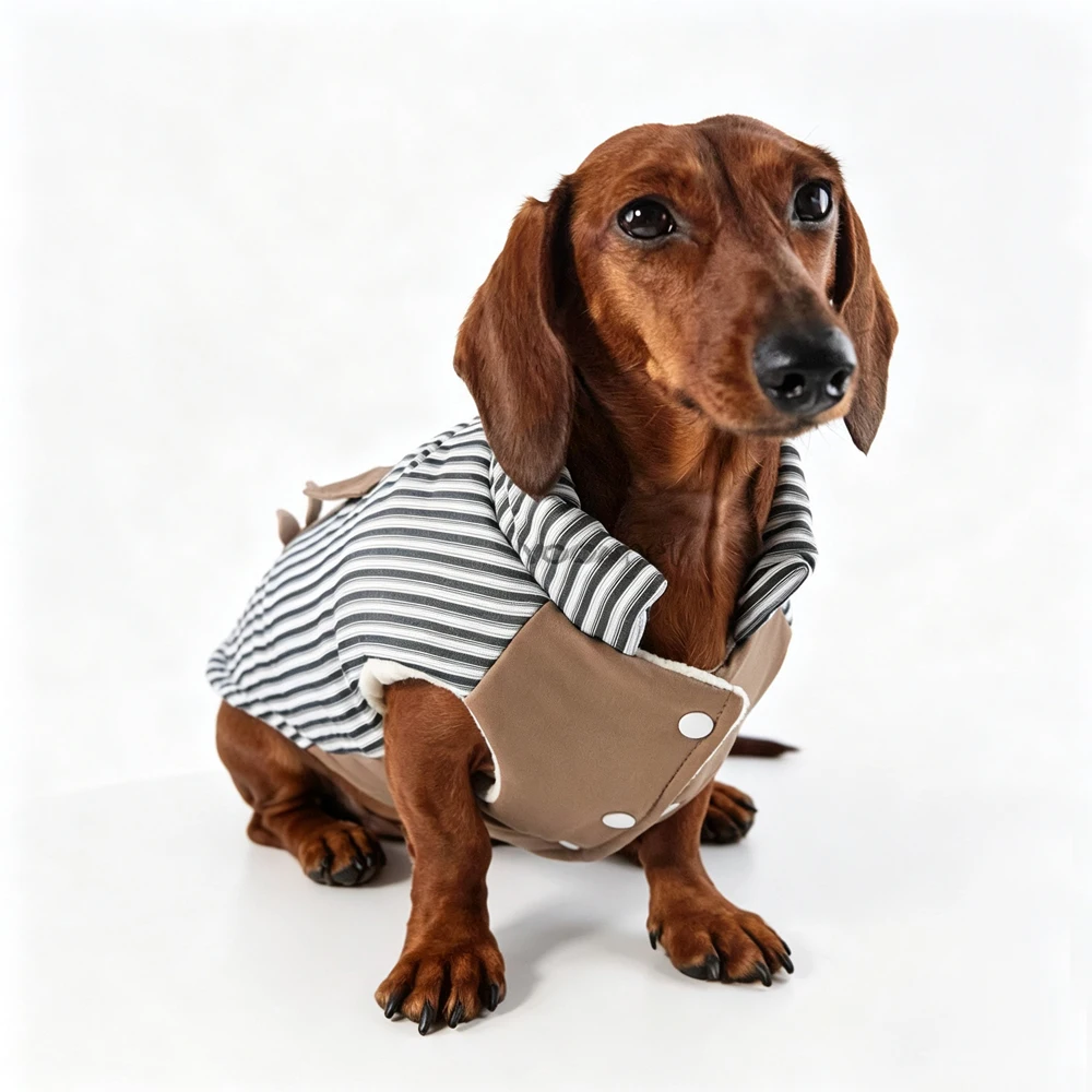 Winterdikke katoenen winddichte jas voor teckelhonden, warme gestreepte knoopjas voor worsthonden, loungekleding voor teckels.