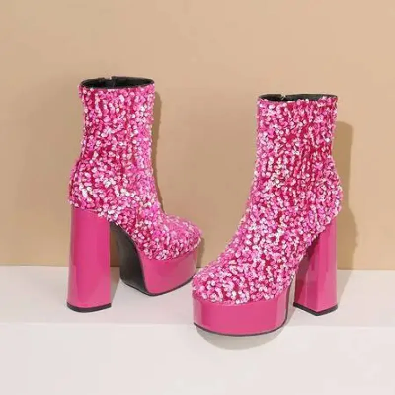 

Женские ботинки с блестками 14 см, ботильоны на платформе и квадратном высоком каблуке, осень-зима, женские ботинки в стиле панк, фиолетовые, синие, розовые, 2025 г.