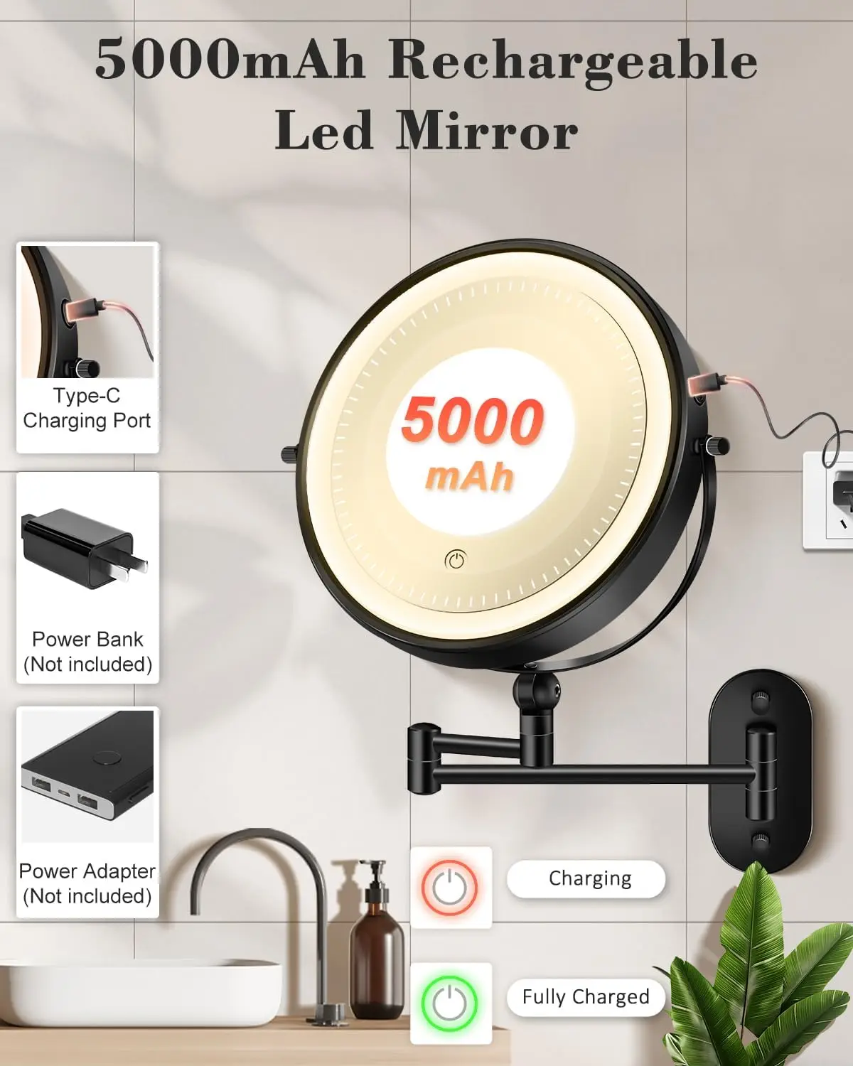 

Wall Mounted Lighted Makeup Mirror9'' Height Adjustable Double Sided Rechargeable Touch Dimmable Extended Arm 360 Rotation