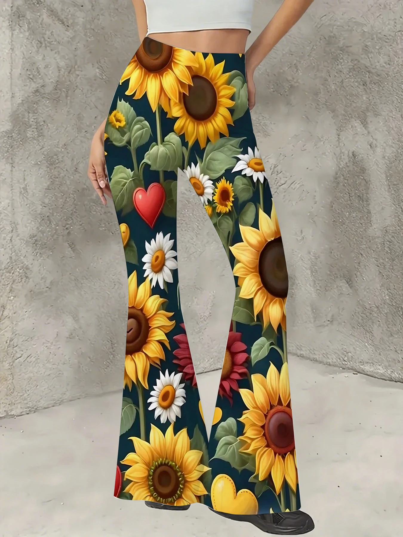 

Retro Printed Flare Pants Women High Waist Polyester Knit Bell Bottom Trousers