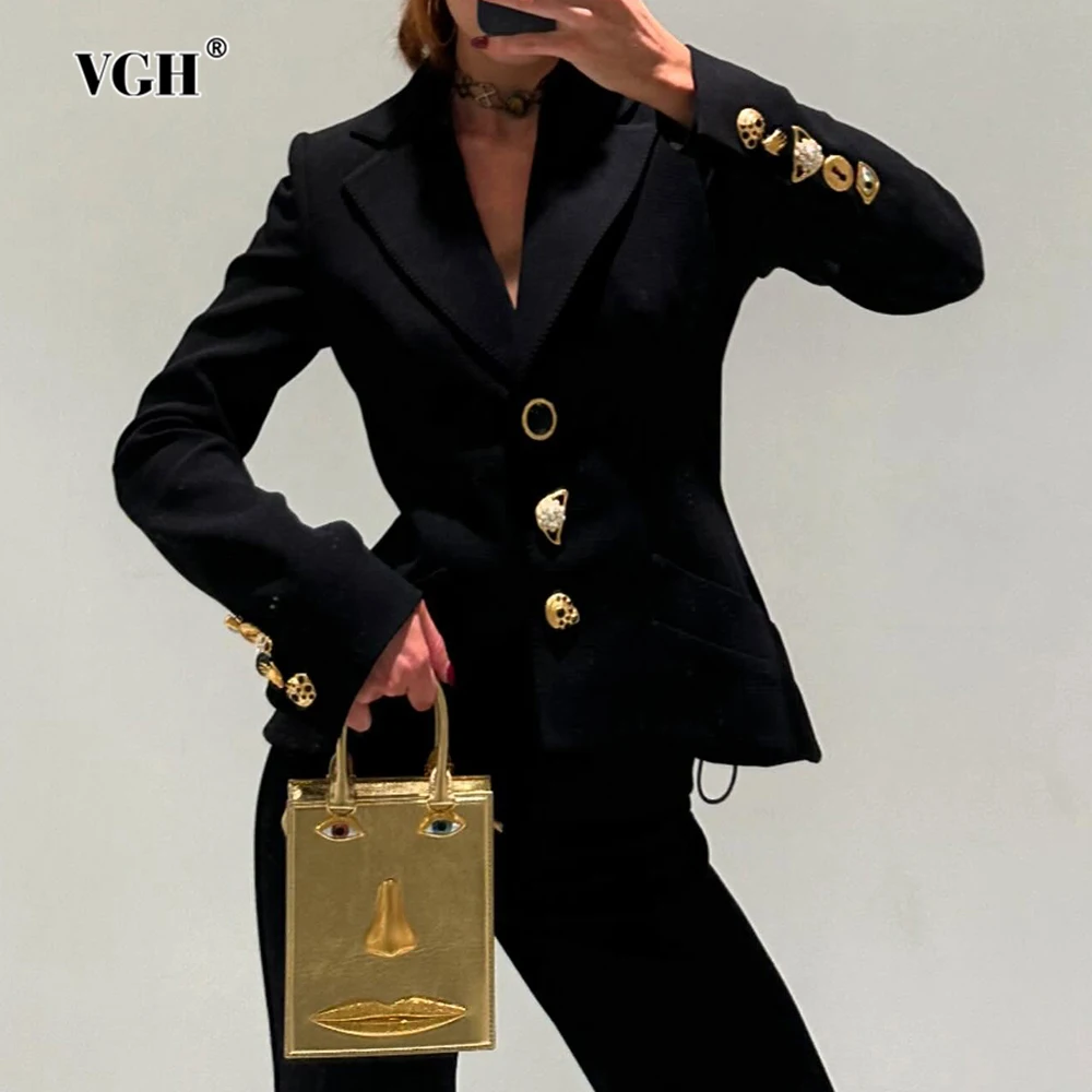 

VGH однотонное лоскутное бандажное дизайнерское пальто для женщин с зубчатым воротником и длинными рукавами, нерегулярные металлические пряжки, тонкая женская куртка