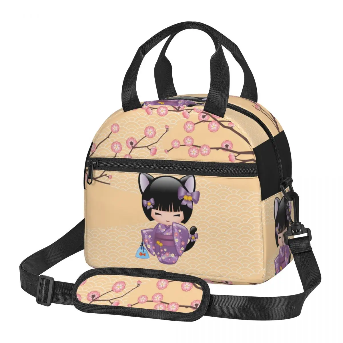 Large Insulated Lunch Boxes With Adjustable Shoulder Strap Neko Kokeshi Doll Merch Lunch Container Cooler Thermal