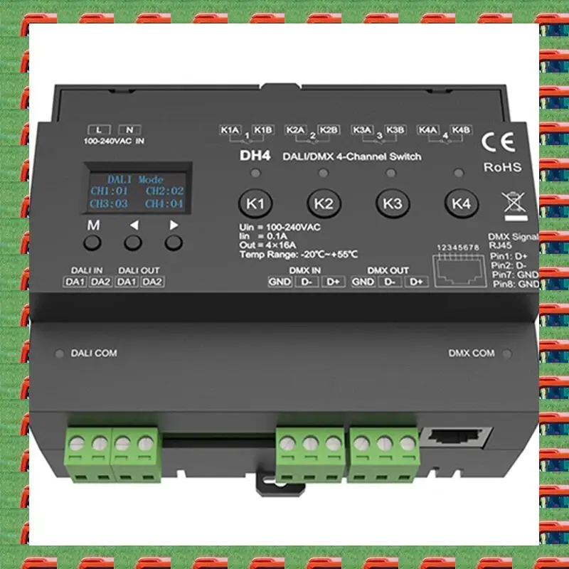 

ABMO для DMX 4-канальный переключатель с OLED-дисплеем, реле экрана, 4 канала, выходной сухой контакт, 4 адреса, DMX-RDM, DIN-рейка, 100-240 В переменного тока