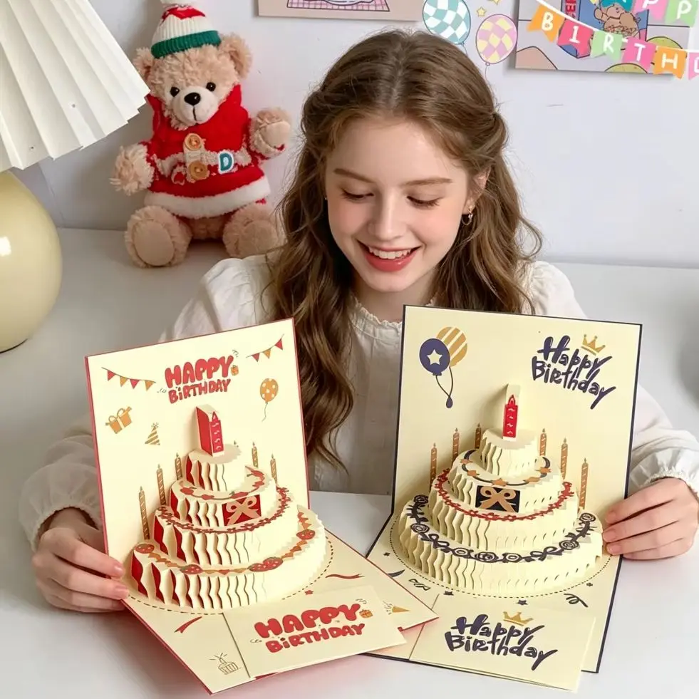 1pc 3D Pop Up Birthday Cake Greeting Card Handmade Foldable Happy Birthday Message Card For Friend Family Birthday Party Gift Decoration Two Color Optional