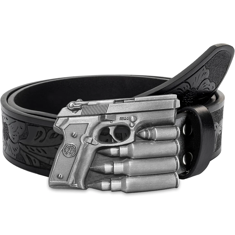 Hochwertiger Retro-Gürtel im Pistolen-Bullet-Stil im westlichen Stil – Unisex-Gürtel mit unregelmäßigem Muster, geschnitzt, floraler, langer, gehörnter Kuhkopf, glatt, b – Detail 1