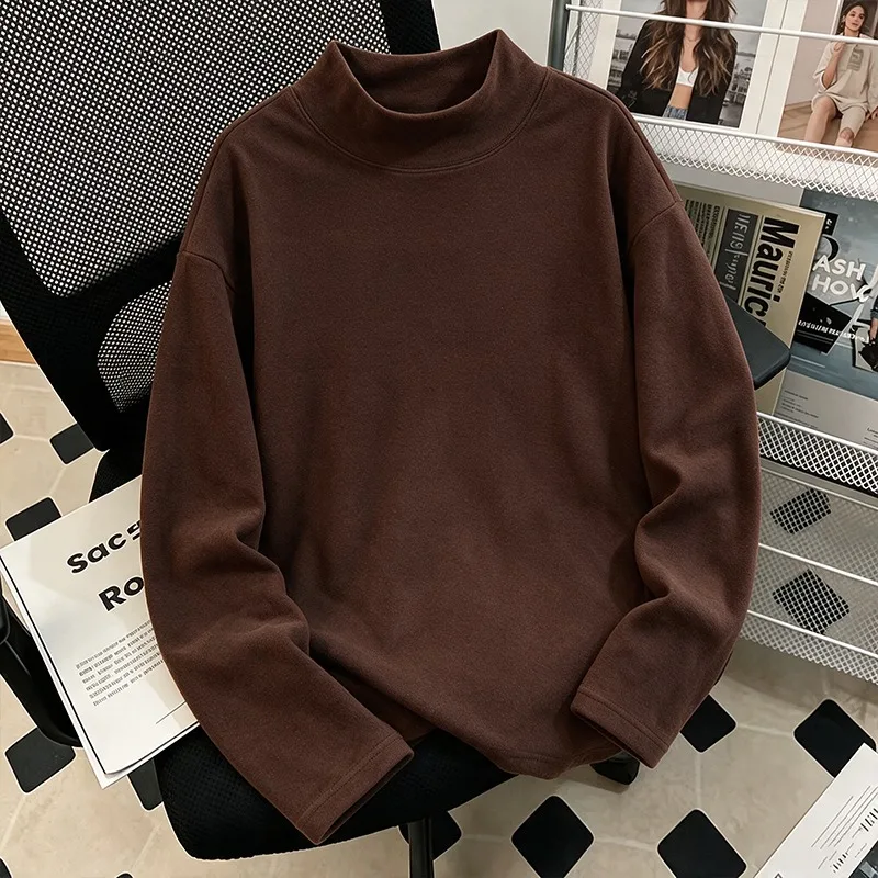 Men Winter New 250g Thermal Brushed Fabric Half High Neck Loose Simple Long Sleeve T Shirt