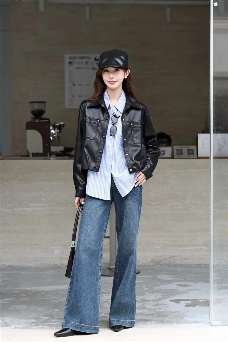 Black Short Faux PU Leather Jacket Big Pocket Lapel Single-Breasted Long Sleeve Autumn New Women Imitation Leather Biker Jacket
