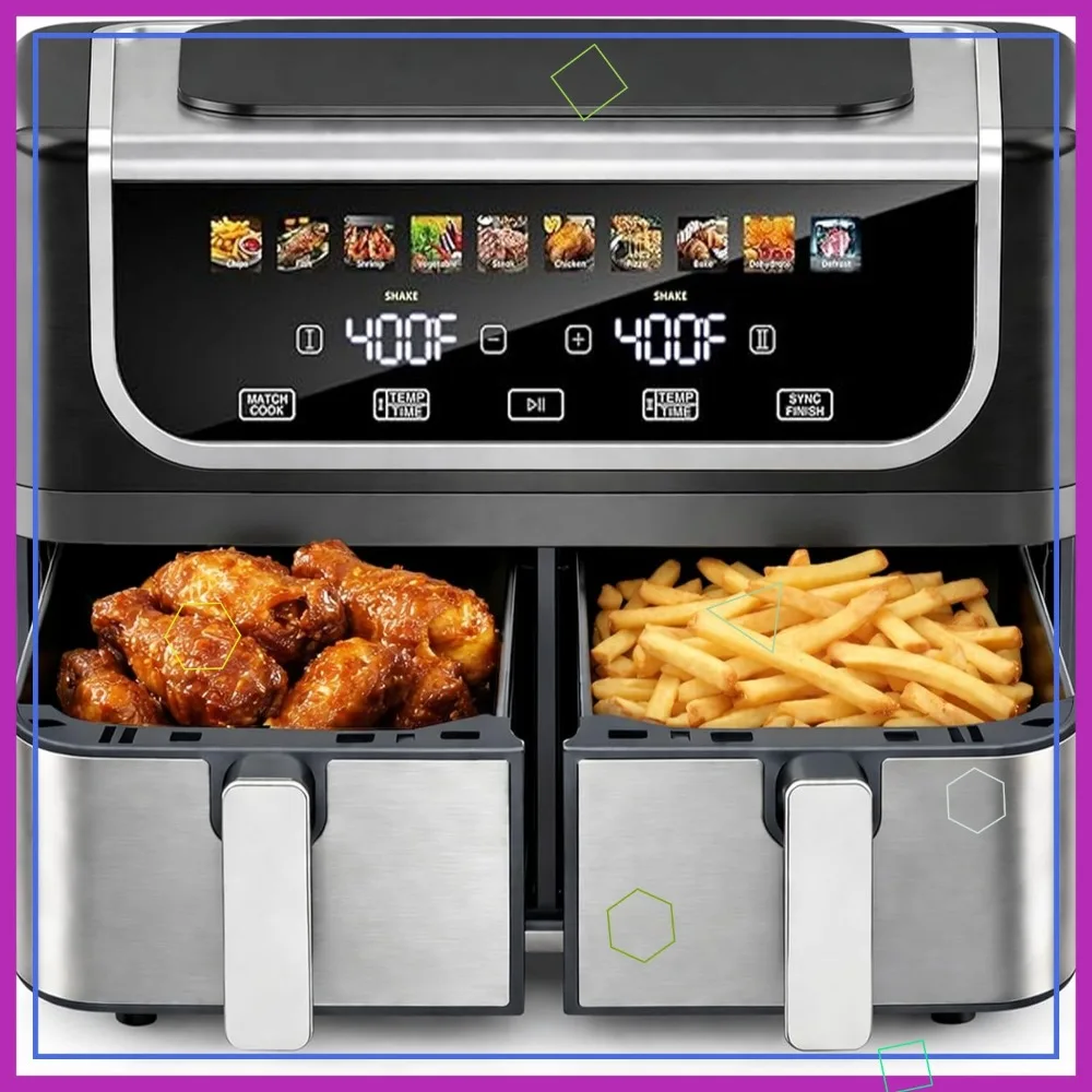 

10-in-1 Dual Basket Air Fryer, 1700W, Sync Cook, Independent Temp Control, Shake Reminder, Nonstick Basket