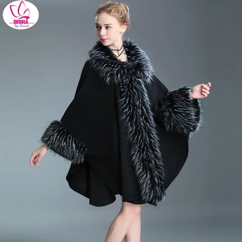 

SUSOLA Autumn Winter New Elegant Knitted Shawl Cape Imitation Raccoon Dog Fur Ladies Cardigan Fur Coat