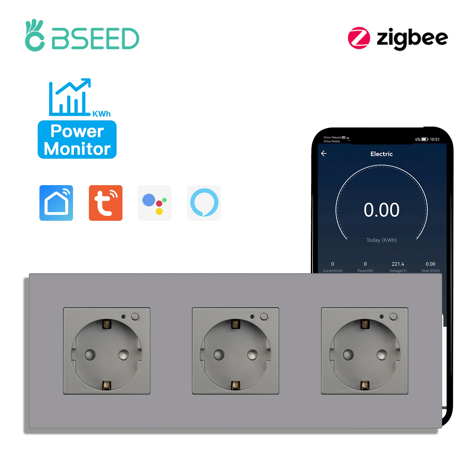 Bseed Zigbee Energy Monitor Steckdose PC Kunststoffrahmen Doppelte Smart Outlets Dreifachstecker Tuya Google Home Smart Life Control