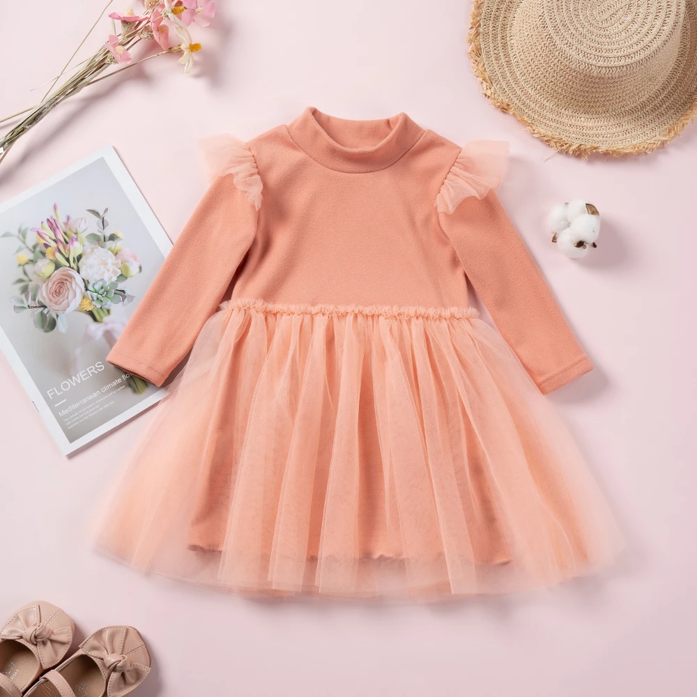 Cute Dress, Girl Embroidered Spring And Autumn Long Sleeved Princess Skirt, Solid Color Mesh Patchwork Princess Skirt