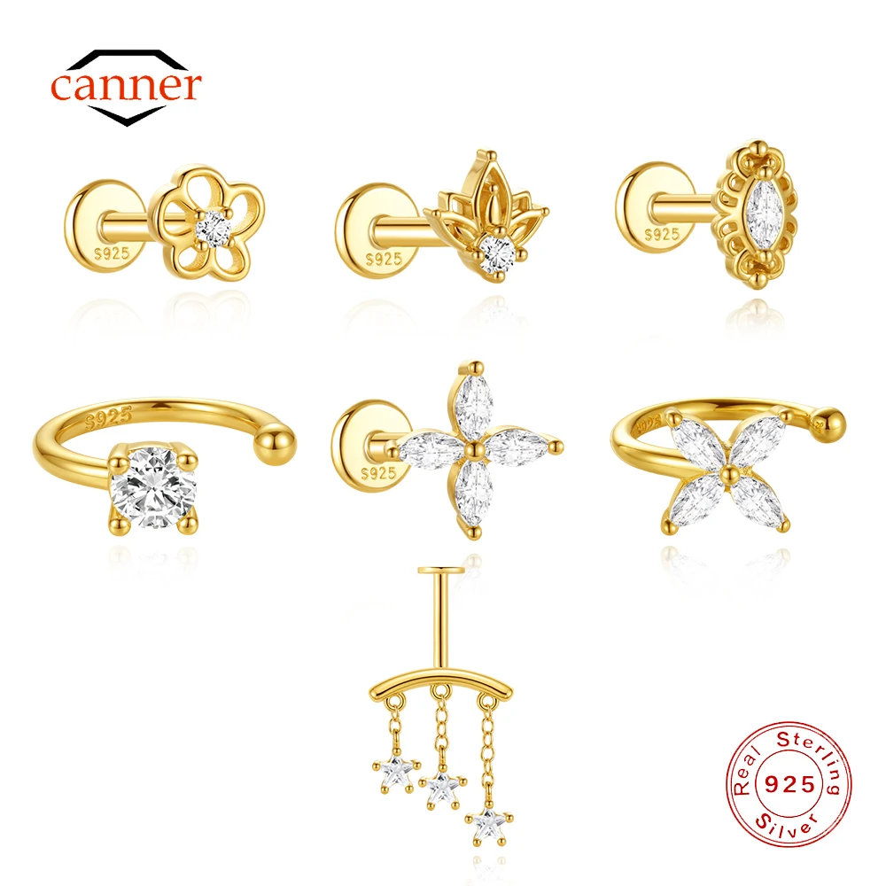 CANNER 1PC 925 Sterling Silver Flower/Floral CZ Piercing Earring For Women Girls Ins Helix Tragus Cartilage Conch Jewelry Gift