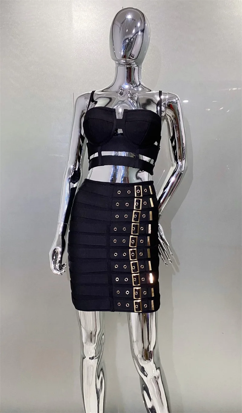 Vestido de fiesta de mujer con vendaje blanco y negro, 2 piezas, sujetador superior + minifalda corta, vestido de fiesta sin mangas Sexy, bata de noche Formal con cinturón