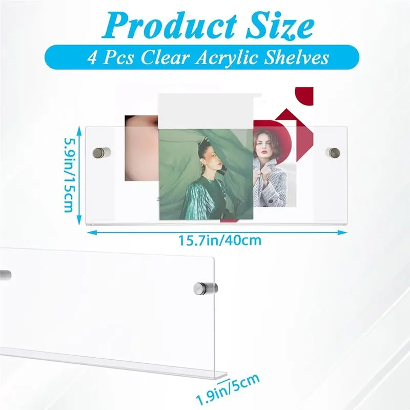 DT19 Acrylic Magazine Holder Wall Mounted, 2 Pack Clear Floating Bookshelf Display Rack for Magazines, Vinyl Records, Brochures,