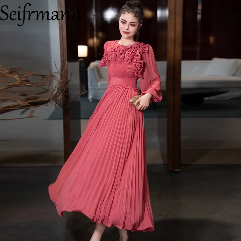 Seifrmann Modedesign Damenkleid mit Applikationen, hoher Taille, Laternenärmel, einfarbig, große Schaukel, plissierte Kleider