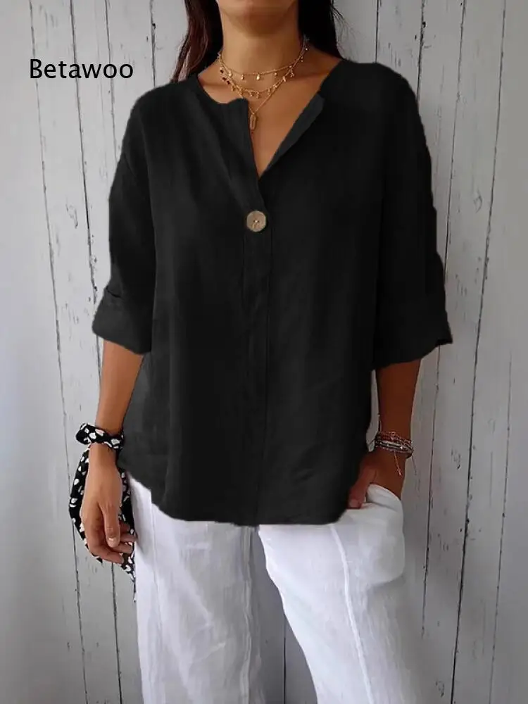Beige Linen Oversized Shirt For Ladies Notch Crew Neck One Front Button 3/4 Roll Sleeve Loose Daily Blouse